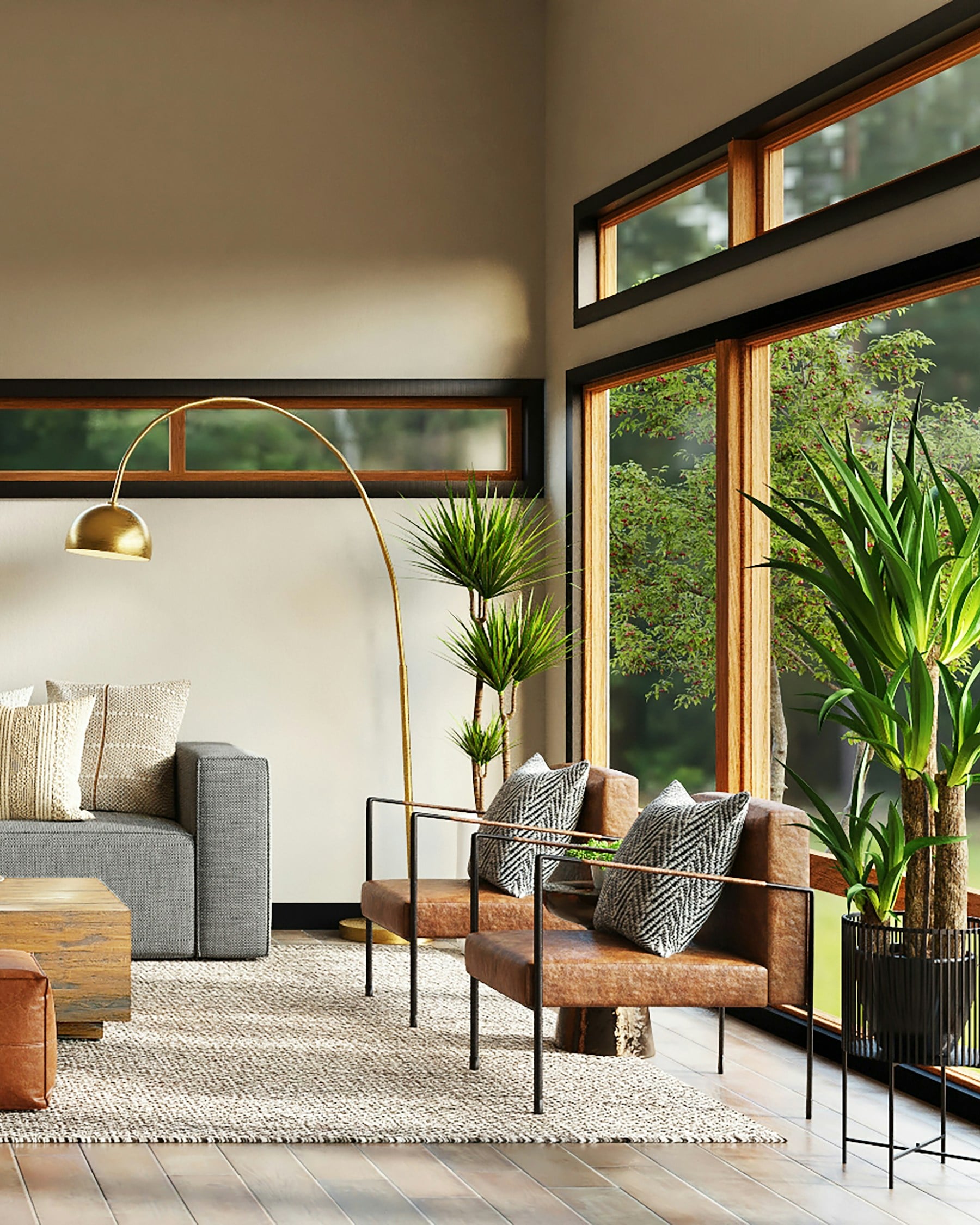 Sunlit modern living room with tall windows and indoor plants